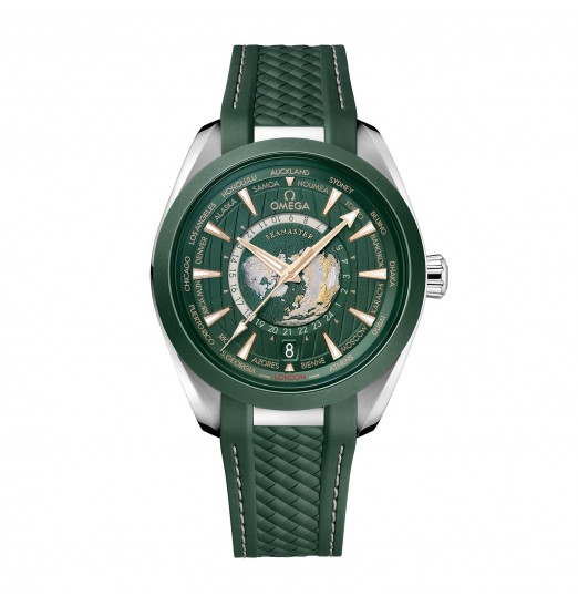 Omega Seamaster Aqua Terra 150m Co-Axial Master Chronometer GMT Worldtimer 43mm para hombre Caucho verde O22032432210001 réplica de reloj Omega Seamaster Aqua Terra 150m Co-Axial Master Chronometer GMT Worldtimer 43mm para hombre Caucho verde O22032432210001 réplica de reloj