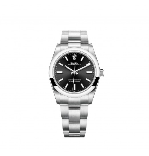 Rolex Oyster Perpetual 34 Bracele Oyster con esfera negra brillante réplica de reloj