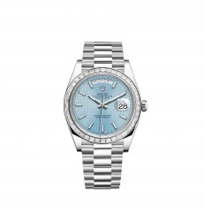Rolex Day-Date 40 esfera azul platino con motivo diagonal bisel engastado con diamantes réplica de reloj
