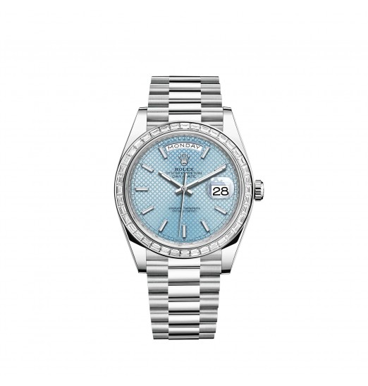 Rolex Day-Date 40 esfera azul platino con motivo diagonal bisel engastado con diamantes réplica de reloj Rolex Day-Date 40 esfera azul platino con motivo diagonal bisel engastado con diamantes réplica de reloj