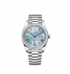 Rolex Day-Date 40 Platinum azul hielo esfera con motivo cuadrante bisel engastado con diamantes réplica de reloj