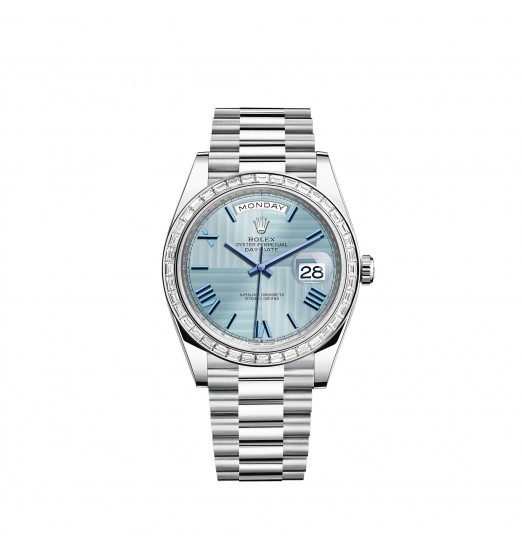 Rolex Day-Date 40 Platinum azul hielo esfera con motivo cuadrante bisel engastado con diamantes réplica de reloj Rolex Day-Date 40 Platinum azul hielo esfera con motivo cuadrante bisel engastado con diamantes réplica de reloj